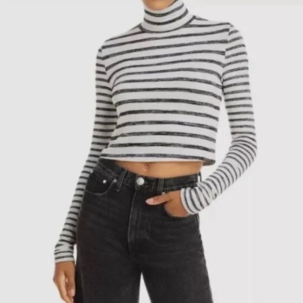 rag & bone Grey Multi Stripe Knit Turtleneck Crop Top - Size Small, Preowned